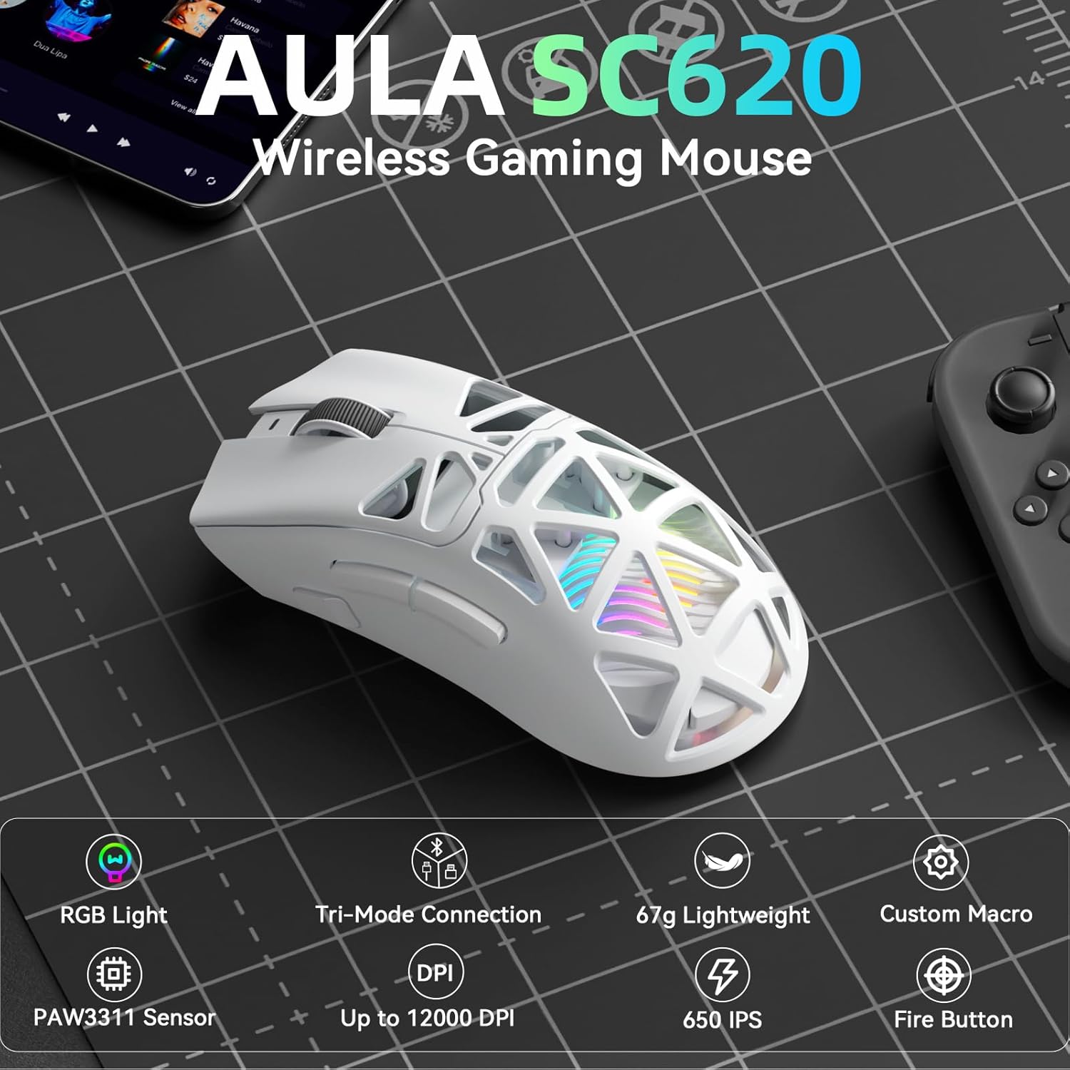 Esports Gaming Mouse Weight Adjustable - AULA SC620 Nieuwe gamingmuis Bedraad/Bluetooth/2.4G PAW3311
